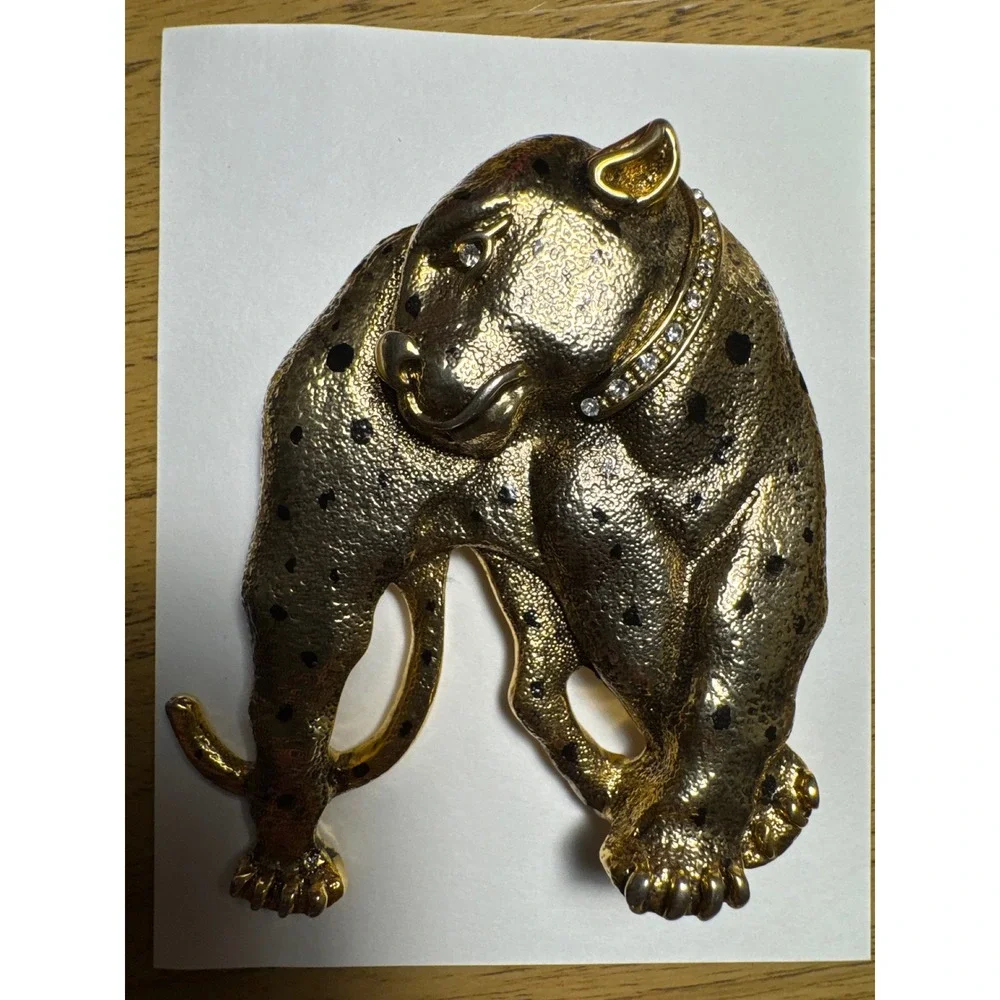 Vintage Gold Tone Leopard Panther Brooch Pendant Rhinestone Collar Big Cat 1016
